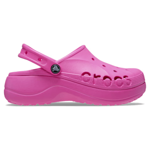Bright pink Crocs Baya Platform Clog with ventilation holes and a heel strap, featuring the Crocs logo on the side and a platform sole for added height.