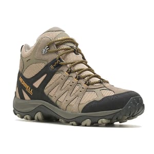 Merrell hiking boot in tan and black with yellow and black laces, featuring a rugged sole and mesh panels for breathability.