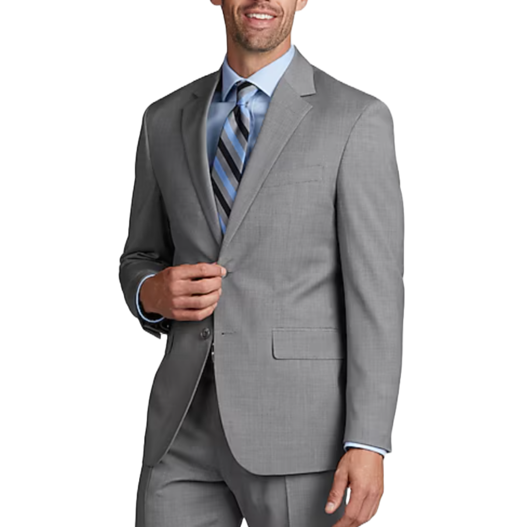 A men's light gray suit jacket with a notched lapel, single-breasted with two buttons, flap pockets, and worn over a light blue dress shirt and striped tie.