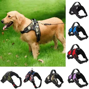 The image shows a Golden Retriever wearing a camouflage dog harness, with additional harnesses displayed in various colors and patterns, including black, blue, red, green, and purple.