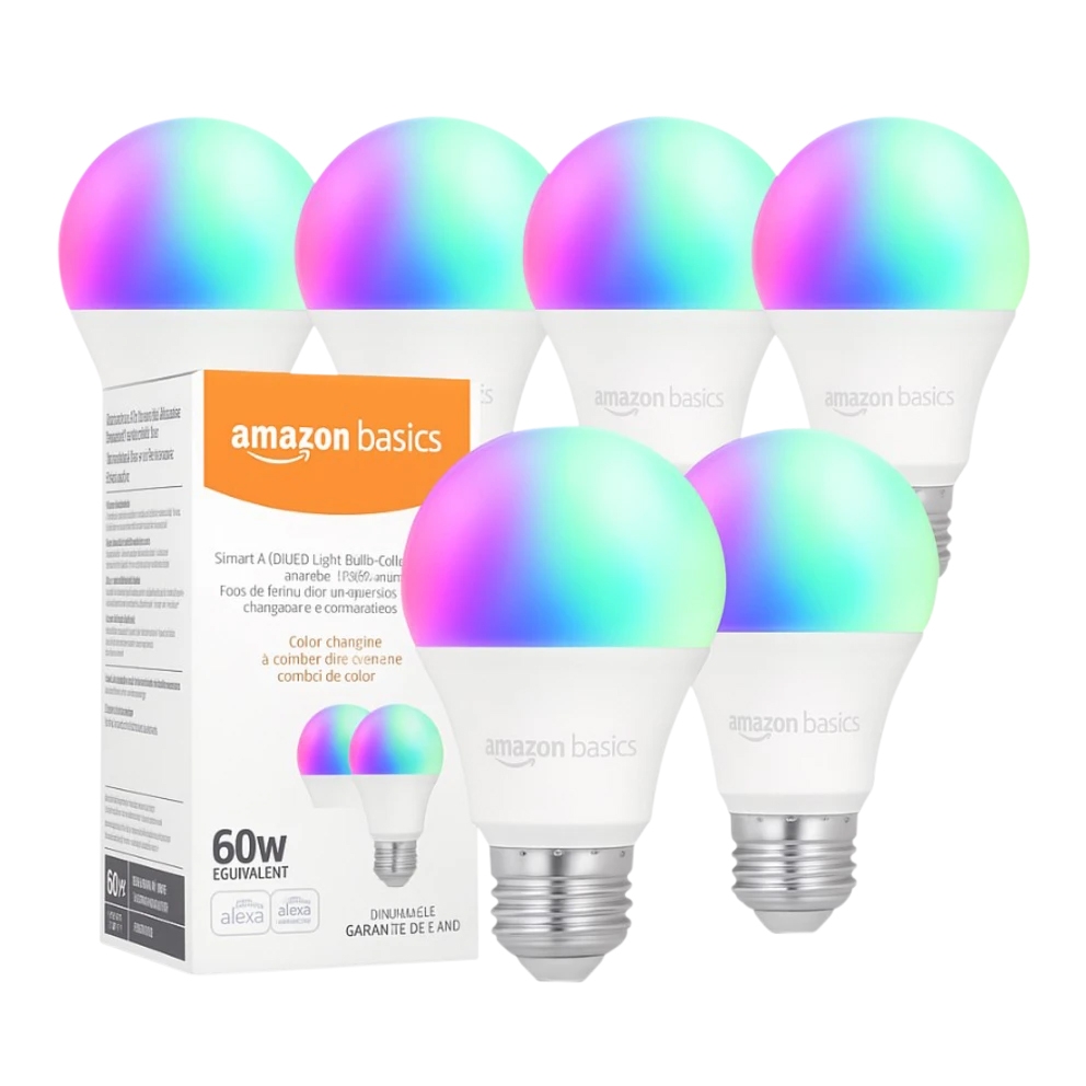 Amazon Basics color-changing smart LED light bulbs, 60W equivalent, compatible with Alexa, come in a pack of six.