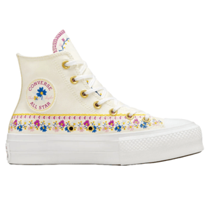 White high-top Converse Chuck Taylor All Star shoes with colorful floral embroidery in blue, pink, and yellow along the sides and back, featuring gold eyelets and white laces.