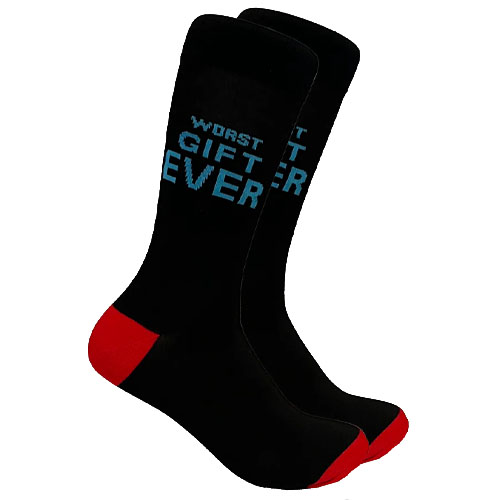 Black socks with red accents and blue text reading \“WORST GIFT EVER\“.