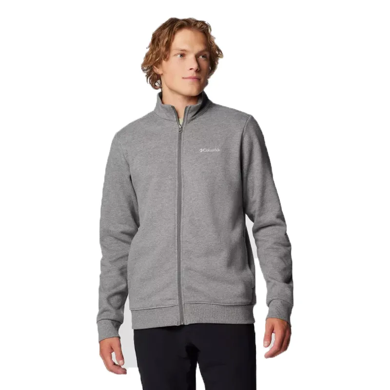 Grey Columbia Men's Full-Zip Jacket with a high collar and ribbed cuffs and hem, featuring the brand’s logo on the chest.