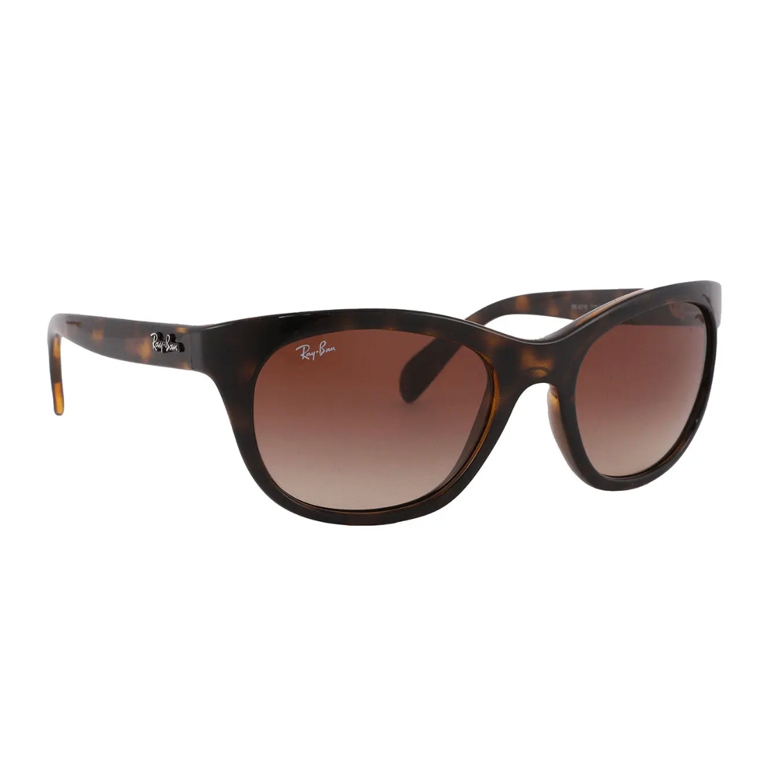 Ray-Ban 0RB4216 sunglasses feature a tortoiseshell frame with a cat-eye design and brown gradient lenses, enhanced by the Ray-Ban logo on the temples and lenses.