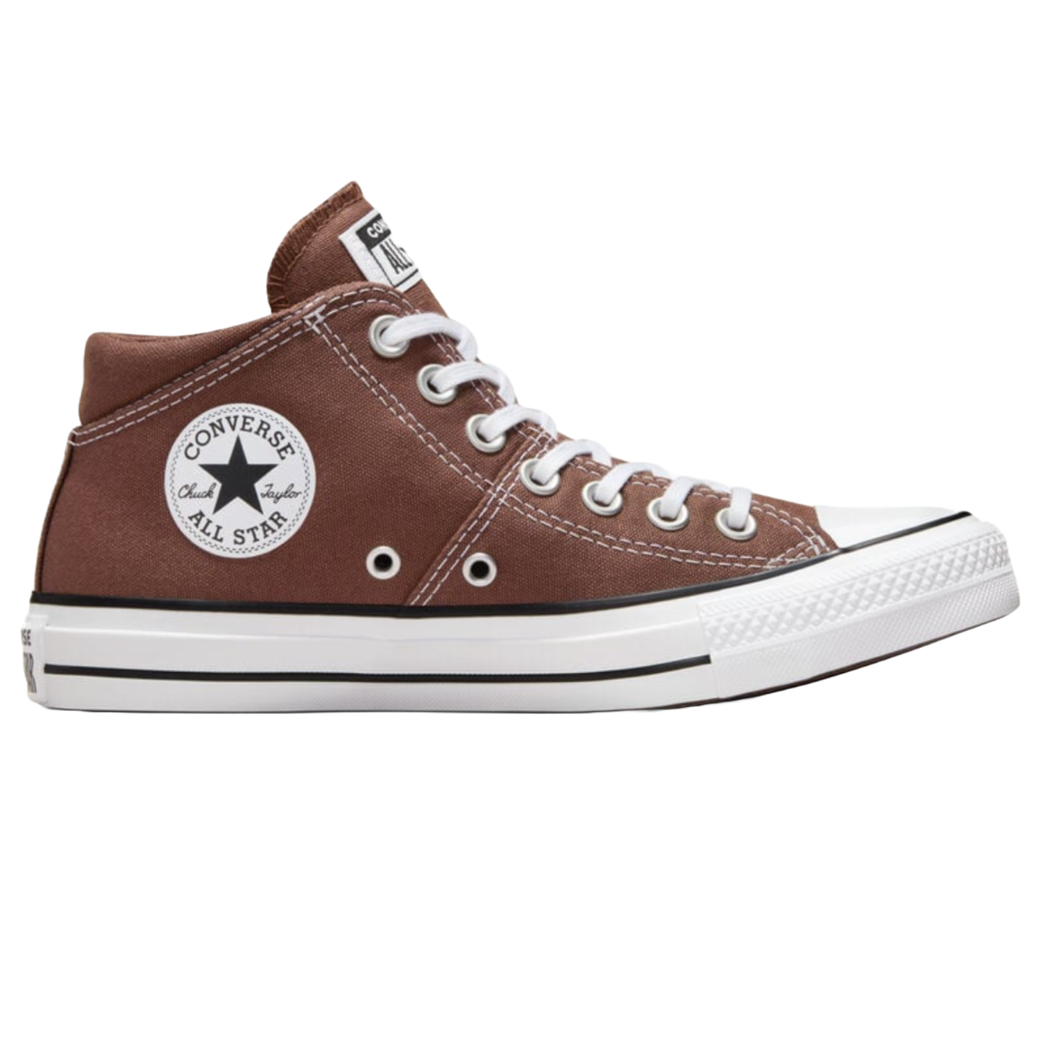 Brown high-top canvas sneakers with white laces, a white toe cap, and the Converse All Star logo on the ankle patch.