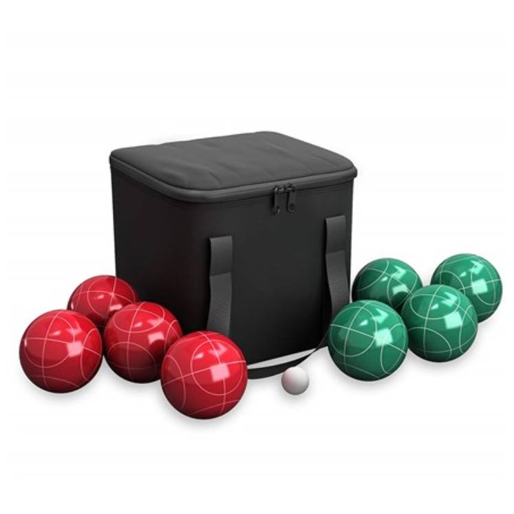 A set of bocce balls, including four red and four green balls, along with a pallino (smaller white ball), is displayed beside a black carrying bag.
