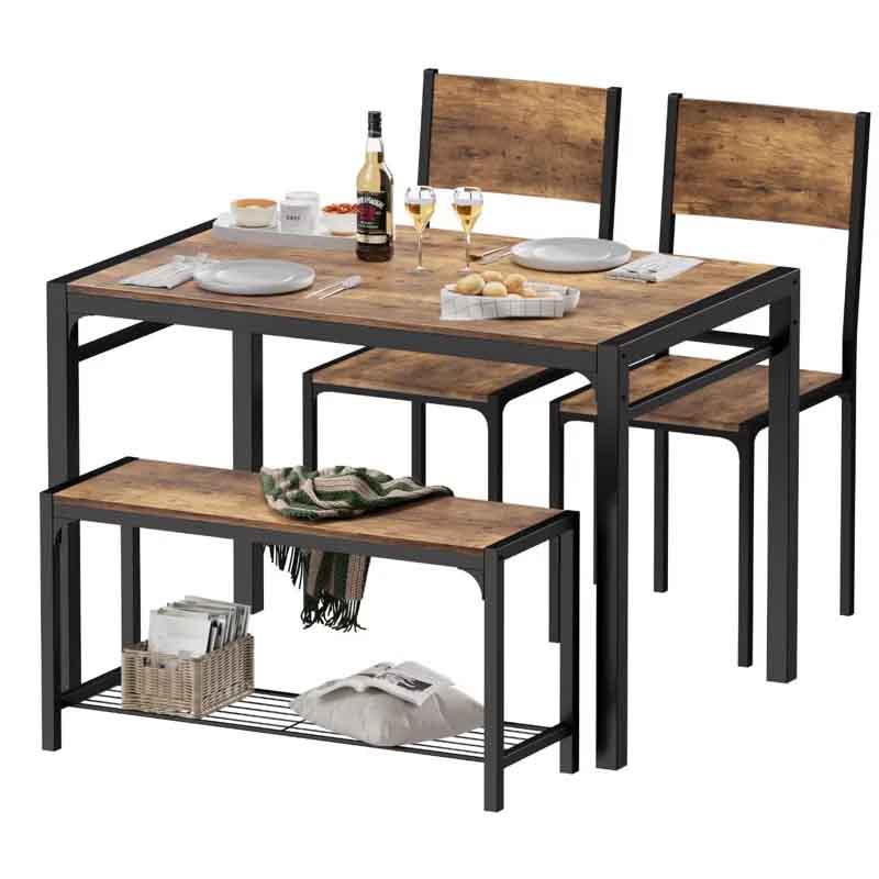 A dining set featuring a wooden tabletop and chairs with black metal frames, accompanied by a bench with an under-shelf for storage. The table is set with plates, cutlery, and glasses.