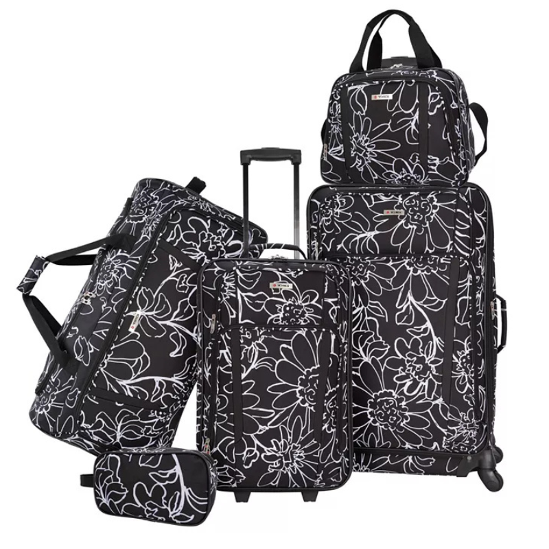 A 5-piece luggage set featuring a black and white floral pattern. Includes two wheeled suitcases, a duffel bag, a tote, and a small accessory pouch.