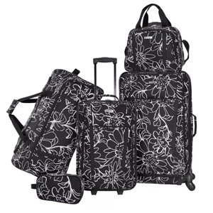 A 5-piece luggage set featuring a black and white floral pattern. Includes two wheeled suitcases, a duffel bag, a tote, and a small accessory pouch.