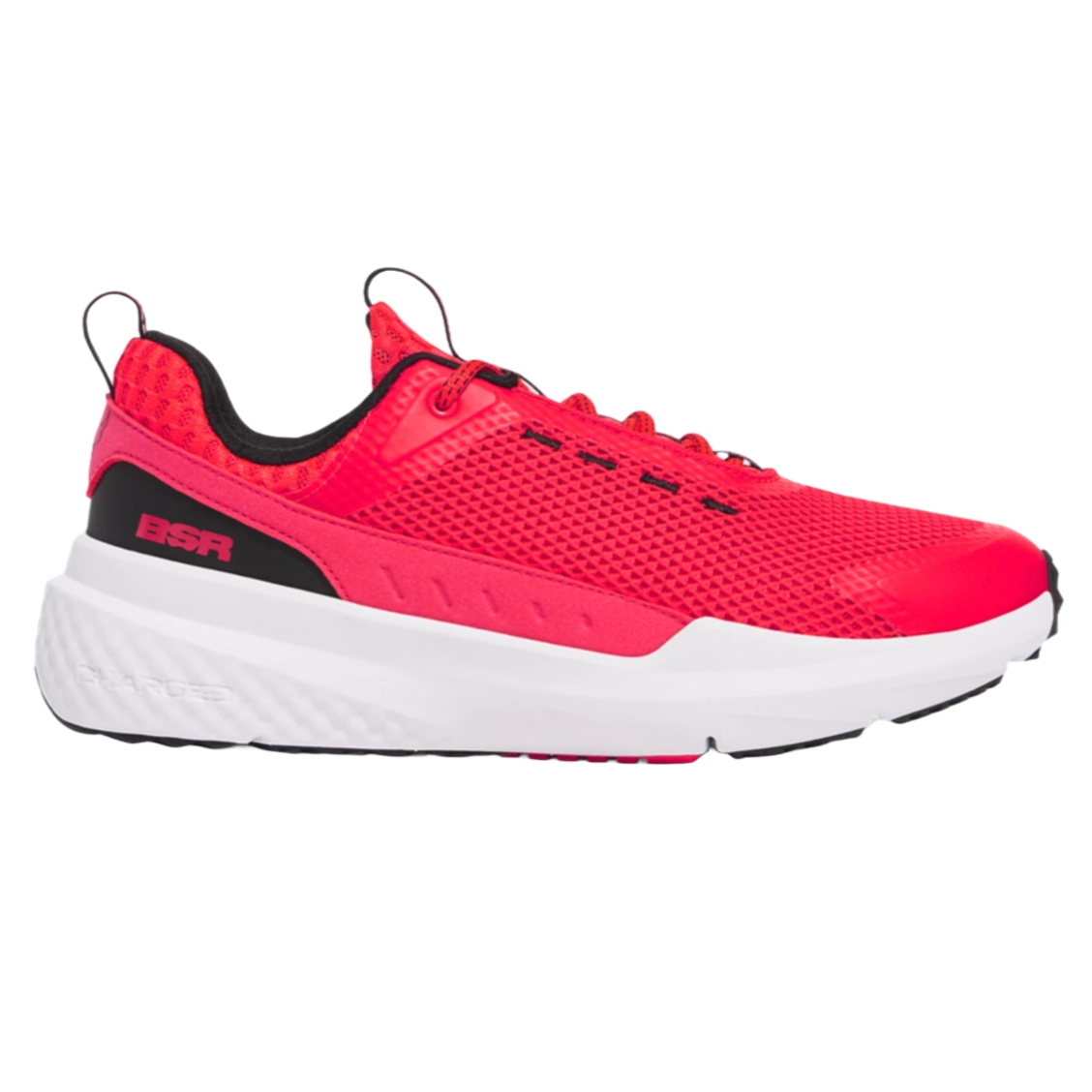 UA Project Rock Training Shoes feature a vibrant red mesh upper with black and white accents, a thick white midsole for cushioning, and \“BSR\“ branding on the heel. Designed for durability and performance.