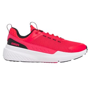 UA Project Rock Training Shoes feature a vibrant red mesh upper with black and white accents, a thick white midsole for cushioning, and \“BSR\“ branding on the heel. Designed for durability and performance.