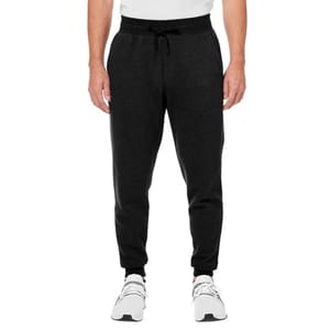 Under Armour Fleece Joggers are black, with an adjustable waistband and cuffed ankles. They feature side pockets and are paired with white athletic shoes.
