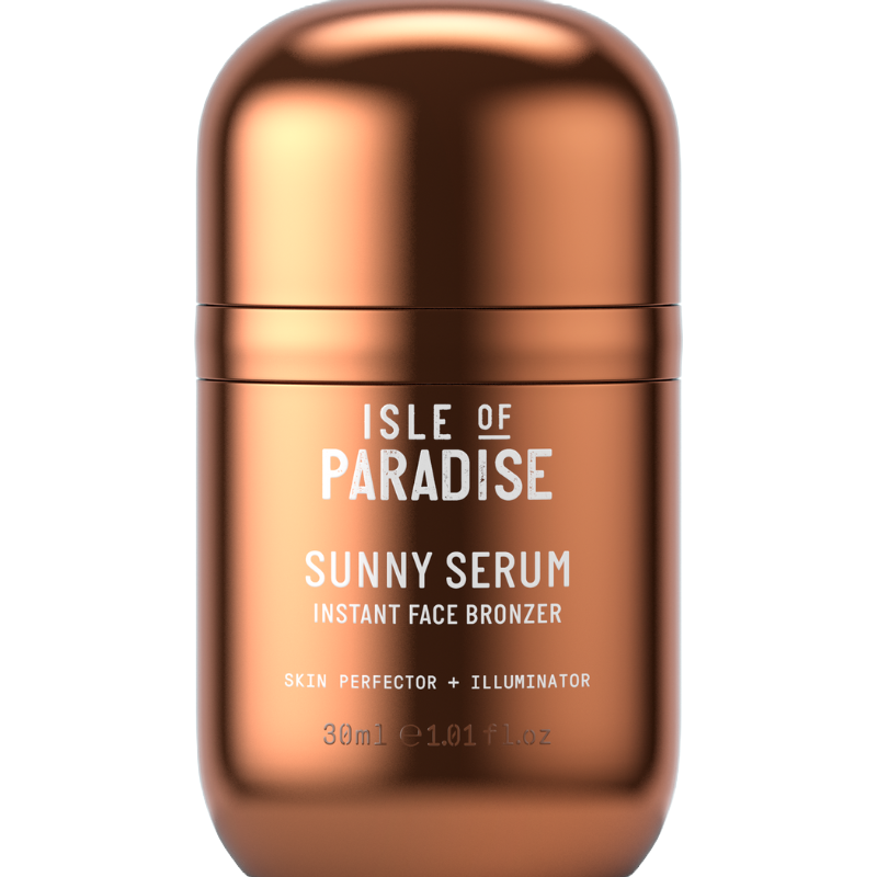 A bronze-colored, capsule-shaped bottle with white text labeled \“ISLE OF PARADISE SUNNY SERUM, INSTANT FACE BRONZER,\“ indicating a 30ml skin perfecting and illuminating serum.