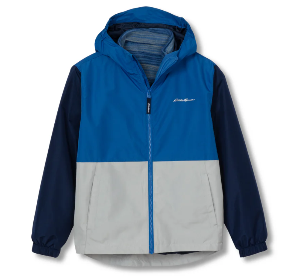 A blue and gray color-blocked hoodie jacket with a front zipper and elastic cuffs, featuring a hood and subtle logo on the chest.