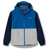 A blue and gray color-blocked hoodie jacket with a front zipper and elastic cuffs, featuring a hood and subtle logo on the chest.