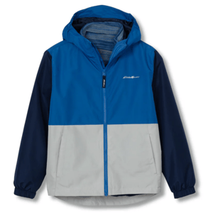 A blue and gray color-blocked hoodie jacket with a front zipper and elastic cuffs, featuring a hood and subtle logo on the chest.
