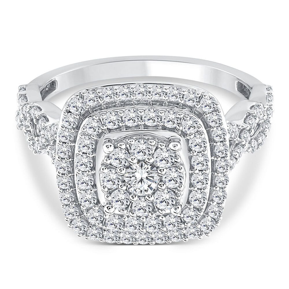 A 1ct diamond engagement ring featuring a multi-halo design with numerous small diamonds encircling a central round diamond set in a white metal band.