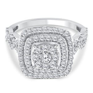 A 1ct diamond engagement ring featuring a multi-halo design with numerous small diamonds encircling a central round diamond set in a white metal band.