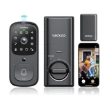 Smart door lock system featuring a keypad, indoor and outdoor units, a remote, and a connected smartphone app for security management.