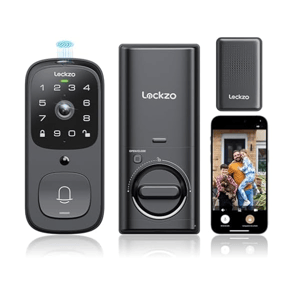 Smart door lock system featuring a keypad, indoor and outdoor units, a remote, and a connected smartphone app for security management.