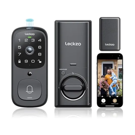 Smart door lock system featuring a keypad, indoor and outdoor units, a remote, and a connected smartphone app for security management.