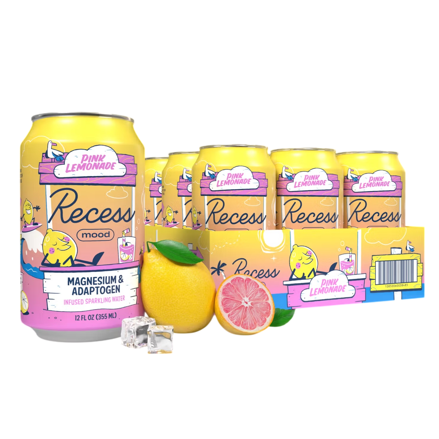 Recess Mood Pink Lemonade is a 12 oz (355 ml) magnesium and adaptogen-infused sparkling water, featuring playful lemon-themed packaging with illustrations and ice cubes.