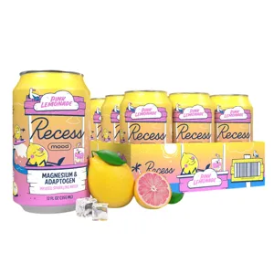 Recess Mood Pink Lemonade is a 12 oz (355 ml) magnesium and adaptogen-infused sparkling water, featuring playful lemon-themed packaging with illustrations and ice cubes.