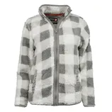 A gray and white checkered sherpa fleece jacket with a full front zipper and two pockets.