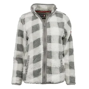 A gray and white checkered sherpa fleece jacket with a full front zipper and two pockets.