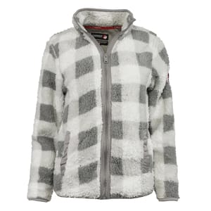 A gray and white checkered sherpa fleece jacket with a full front zipper and two pockets.