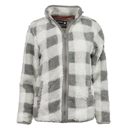 A gray and white checkered sherpa fleece jacket with a full front zipper and two pockets.