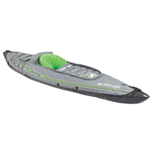 An inflatable kayak with a green seat, black and grey body, and white and green accents, featuring bungee cord storage on top.