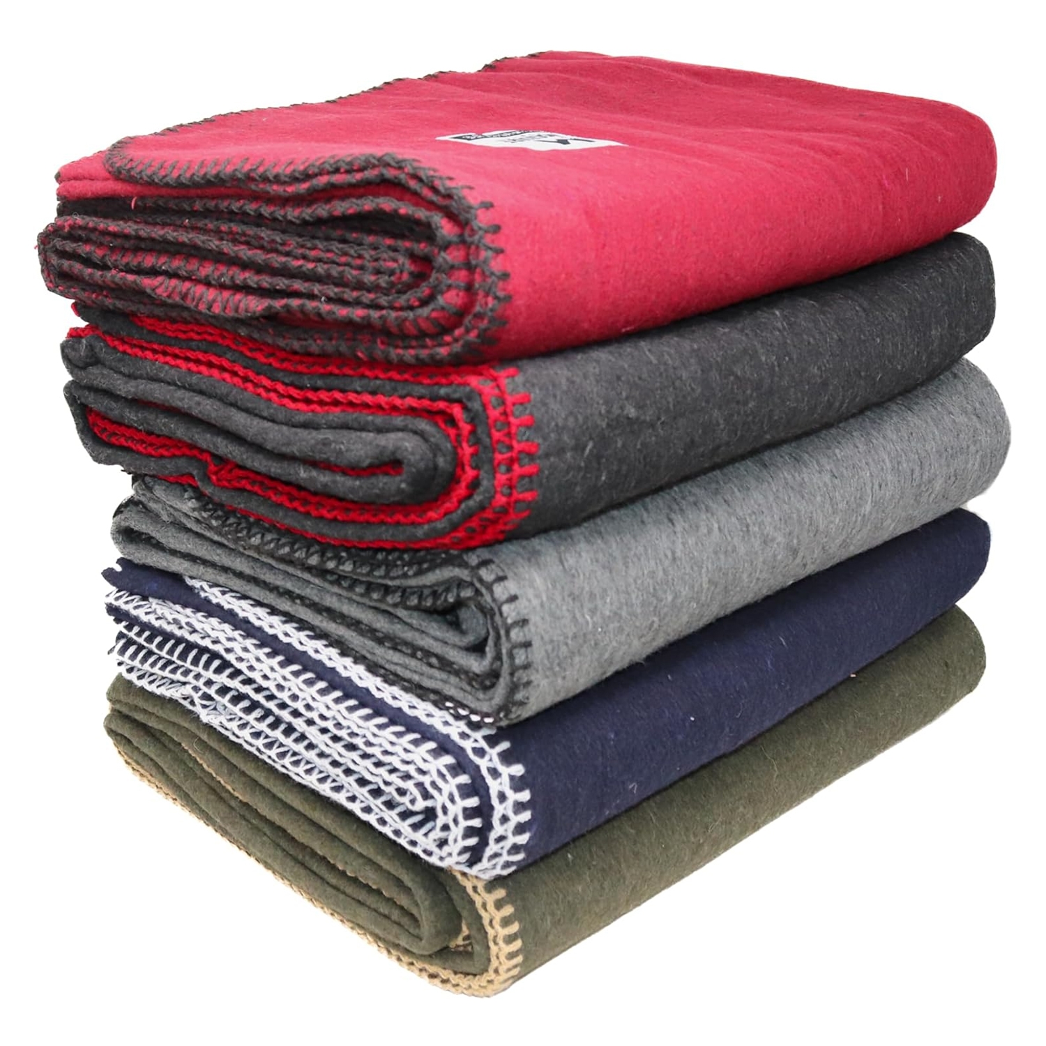 A stack of camping blankets featuring varying colors, including red, dark gray, light gray, navy blue, and olive green. The blankets have visible stitching along the edges and are made of a wool blend.