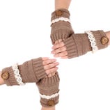 Fingerless knit gloves with buttons and lace trim, shown in brown.