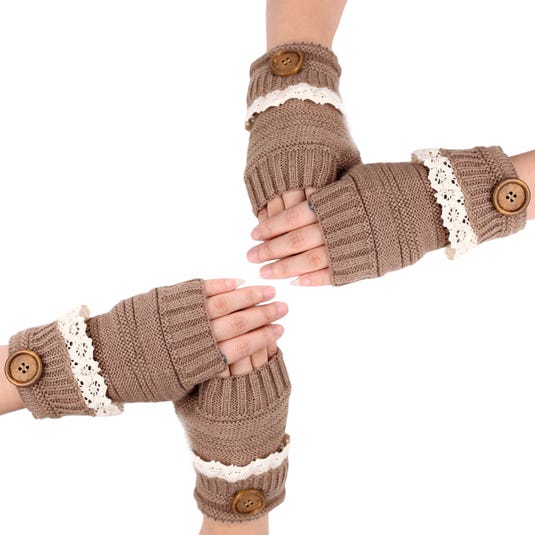 Fingerless knit gloves with buttons and lace trim, shown in brown.