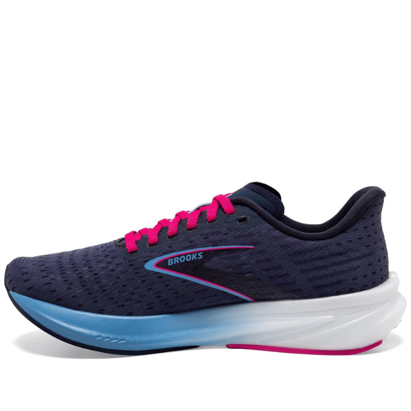 Brooks Hyperion training shoes feature a dark mesh upper with magenta laces, a blue midsole, and white outsole, designed for lightweight performance and comfort.
