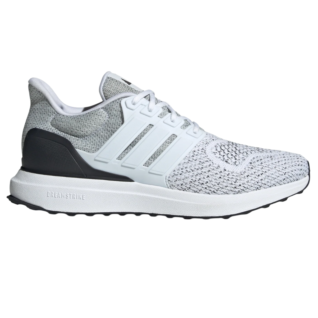 A white and gray Adidas running shoe with a knit upper, soft sole, and black accents, featuring the signature three stripes on the sides.