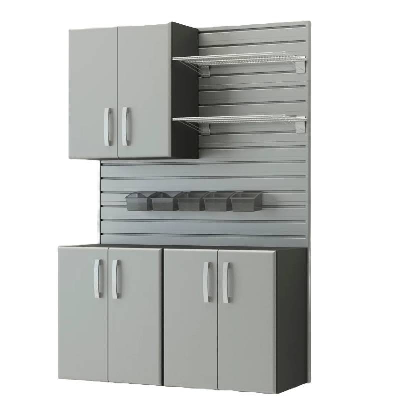 A wall-mounted storage system featuring grey cabinets, shelves, and bins on a slat wall panel, designed for organizing tools or supplies.