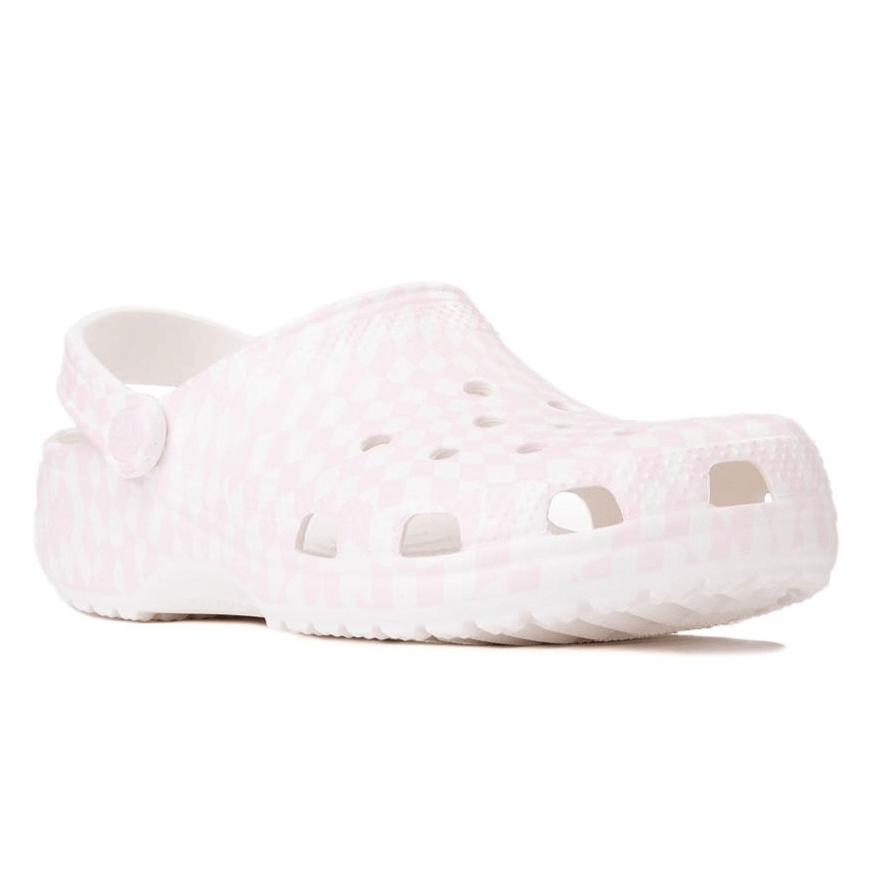 A pink and white checkered clog-style slip-on shoe with ventilation holes and an adjustable heel strap.