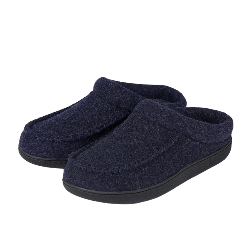 A pair of dark blue slip-on slippers with a textured fabric and black rubber soles, designed for indoor use.
