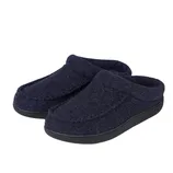 A pair of dark blue slip-on slippers with a textured fabric and black rubber soles, designed for indoor use.