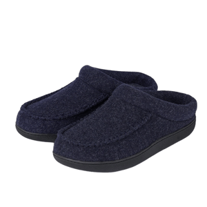 A pair of dark blue slip-on slippers with a textured fabric and black rubber soles, designed for indoor use.