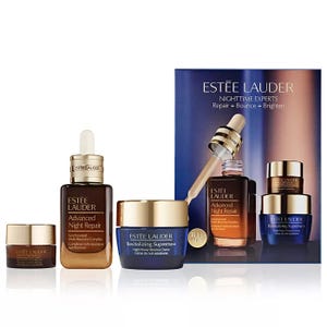 Estée Lauder Nighttime Experts set includes Advanced Night Repair serum and Revitalizing Supreme+ Night cream, featuring repair, bounce, and brighten benefits.