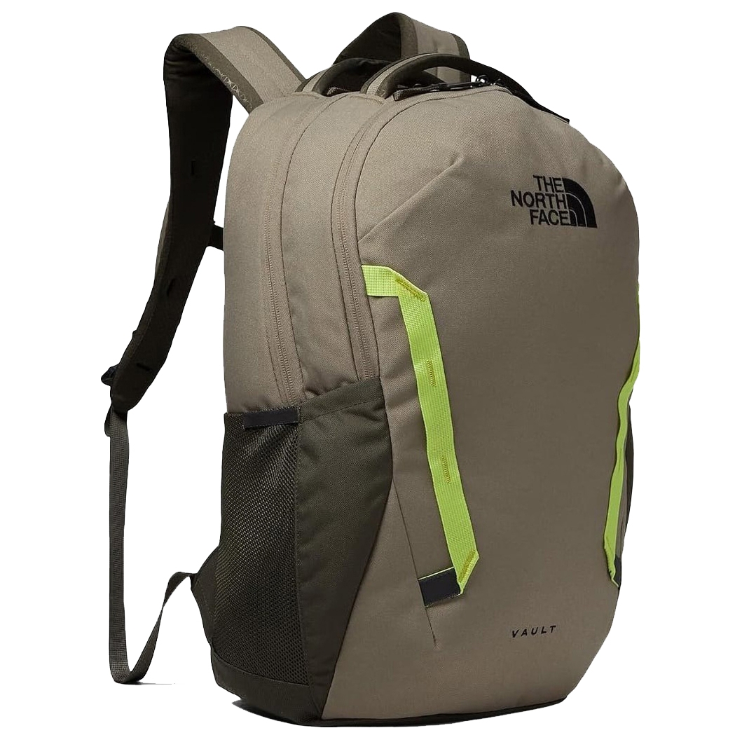 The North Face Vault Backpack features a streamlined, durable design in a neutral color with vibrant accents, equipped with padded shoulder straps, a top handle, mesh side pockets, and a main compartment for carrying essentials.