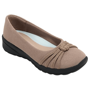 Beige flat shoe with a textured knit upper, decorative knot detail, and black non-slip sole.