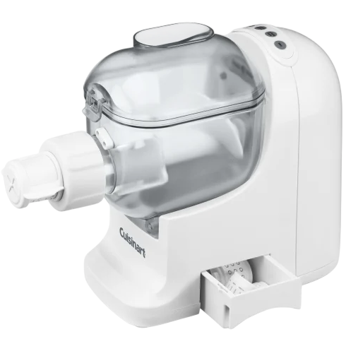 An automatic pasta maker with a transparent mixing compartment and multiple control buttons, designed for easy homemade pasta preparation.