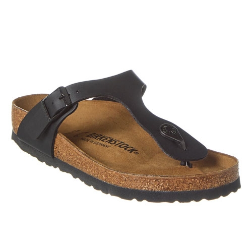 A black thong-style sandal with an adjustable strap and cork sole, resembling a Birkenstock.