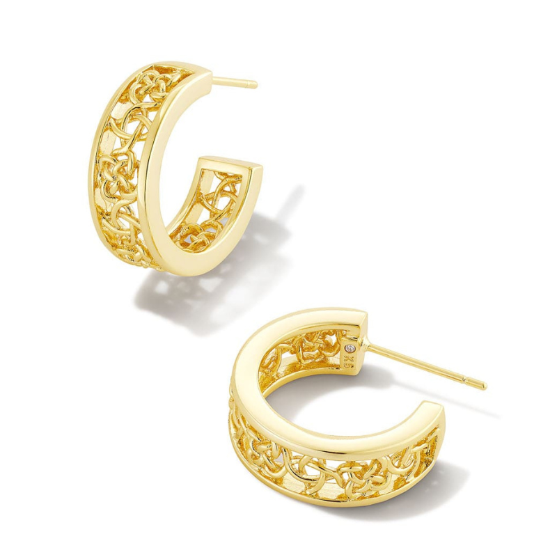 Gold hoop earrings with intricate openwork floral pattern and post backs.