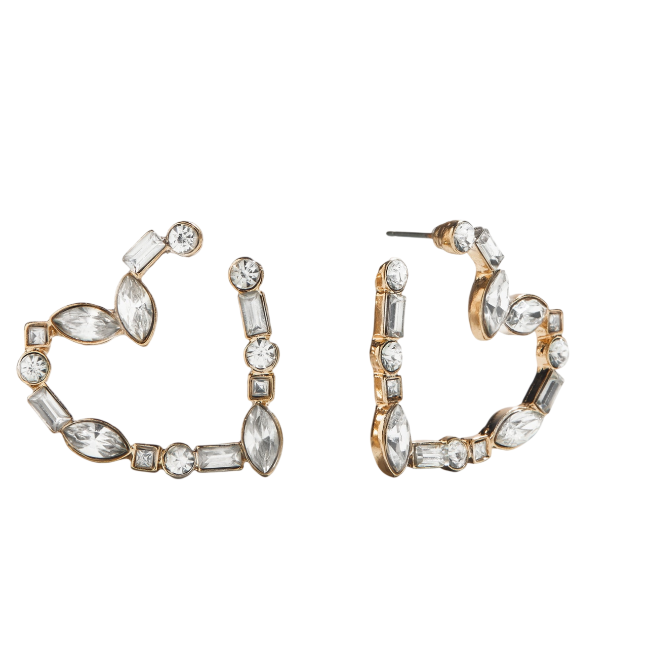 Gold-tone earrings with variously shaped clear gemstones arranged in a zigzag pattern, designed for pierced ears.